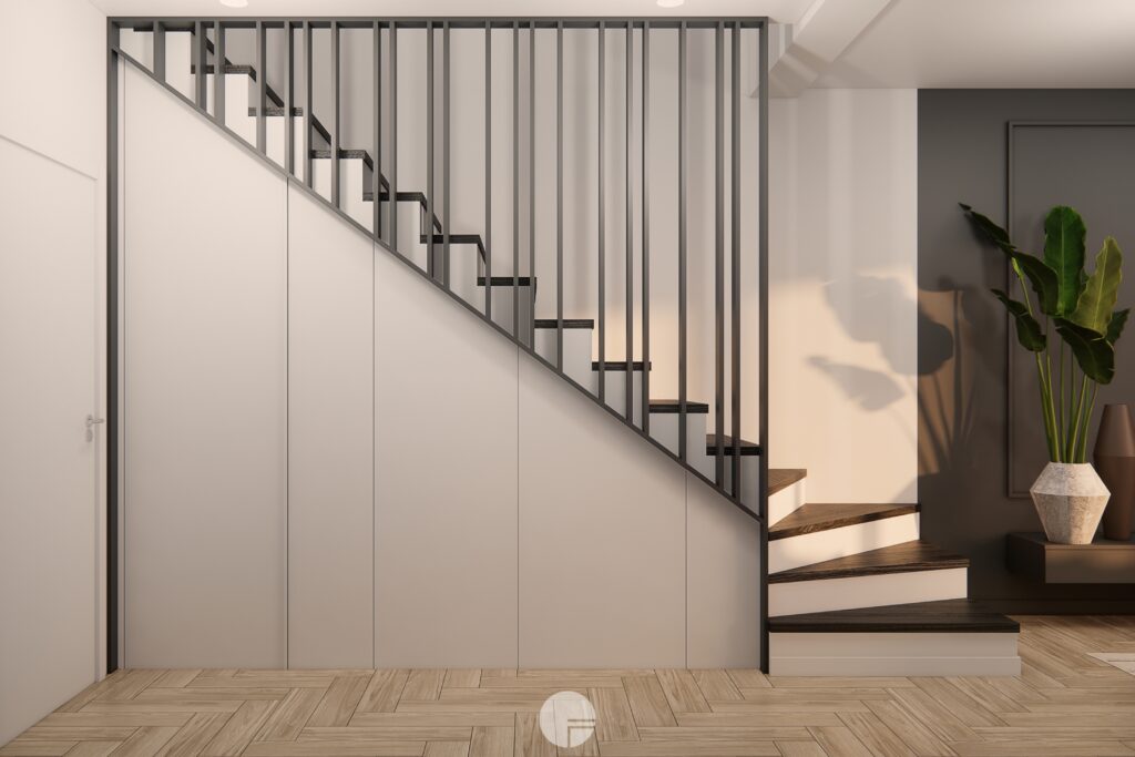 Dom Kolory Ziemi – nowoczesna klatka schodowa z czarną balustradą i zabudową z ukrytą pralnią