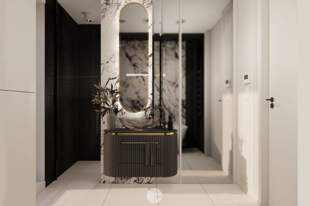 Elegancka łazienka w luksusowym domu nadmorskim z marmurową ścianą i designerską umywalką