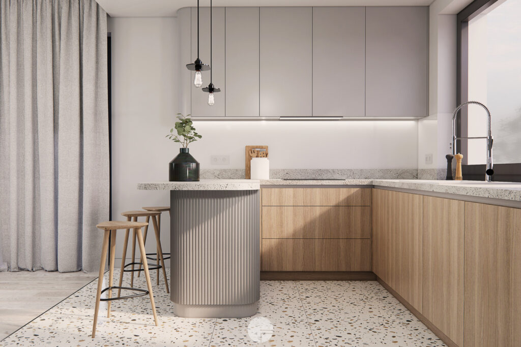 Szare minimalistyczne wnętrze kuchni z drewnianymi akcentami, terrazzo na podłodze i nowoczesną wyspą.