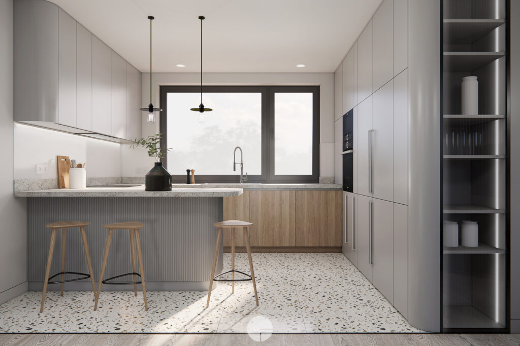 Szare minimalistyczne wnętrze kuchni z drewnianymi akcentami, terrazzo na podłodze i nowoczesną wyspą.