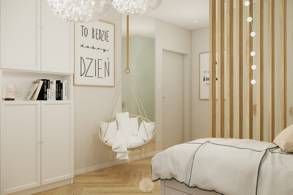 pokój do spania z łóżkiem wykonany w projekcie wnętrz dom z dodatkami boho