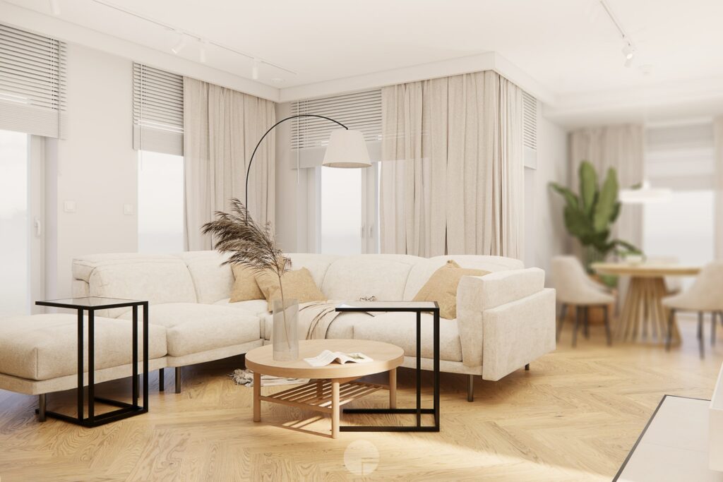 Salon z narożnikiem w projekcie wnętrz w dom z dodatkami boho