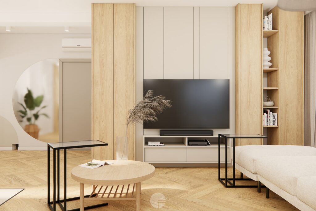 salon z telewizorem, który został wykonany w stylu boho
