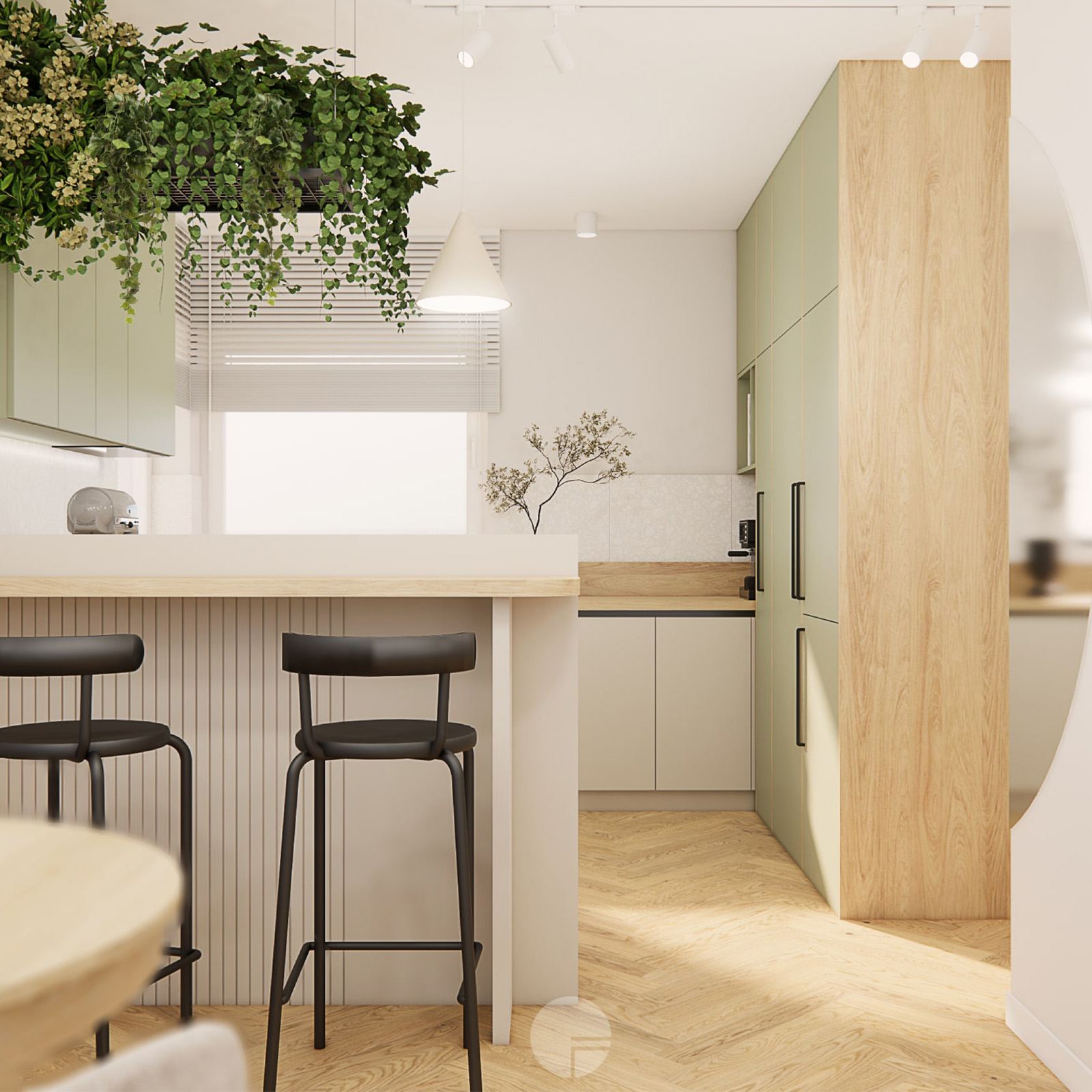 Nowoczesna kuchnia z drewnianymi blatami, zielonymi szafkami i roślinnymi dekoracjami. Realizacja Florkiewicz Studio – Projektowanie Wnętrz Uniejów