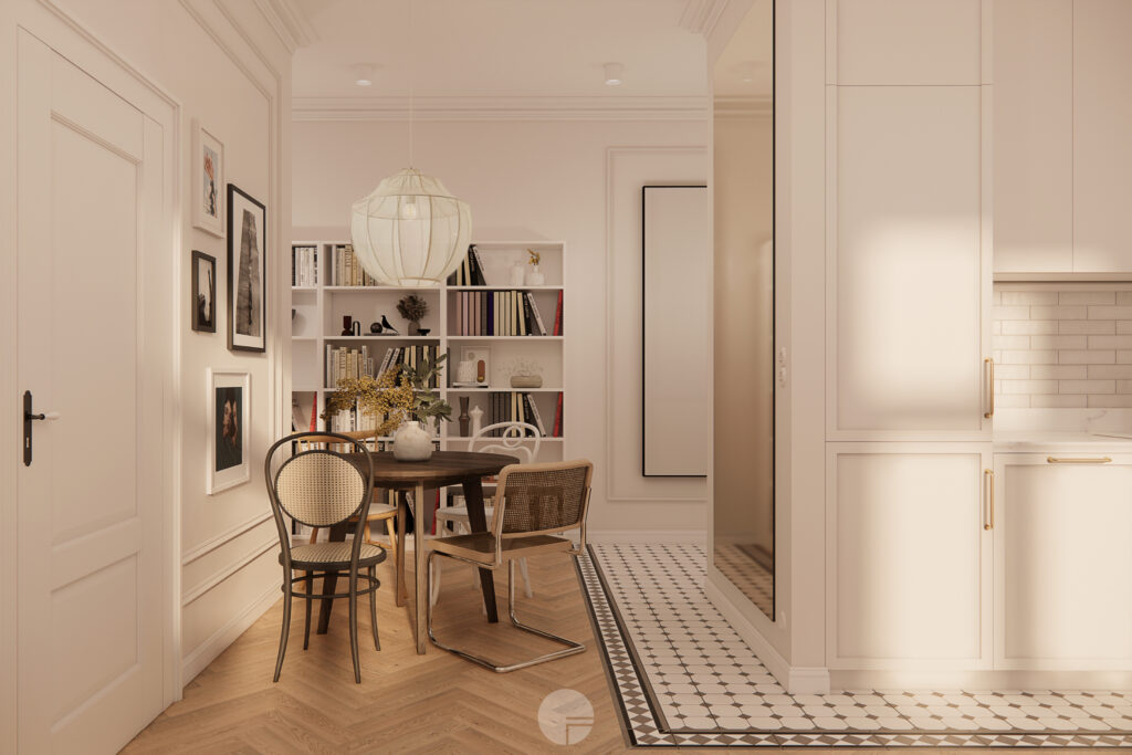 Salon w mieszkaniu w stylu paryskim z drewnianą podłogą w jodełkę, sztukaterią na ścianach i klasycznymi meblami w eleganckiej aranżacji