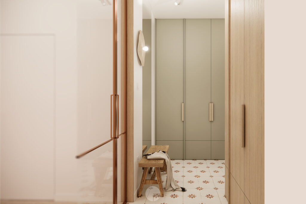 Hol wejściowy z patchworkową podłogą i drewnianą ławą – dom modern farmhouse