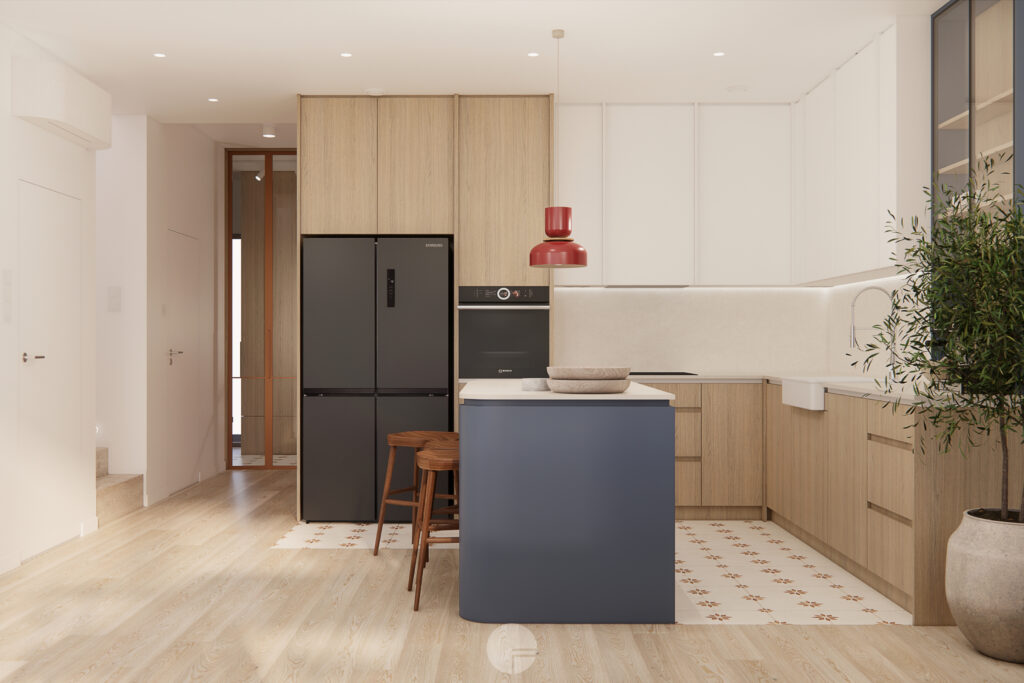 Kuchnia z zabudową w drewnie i bieli – dom modern farmhouse