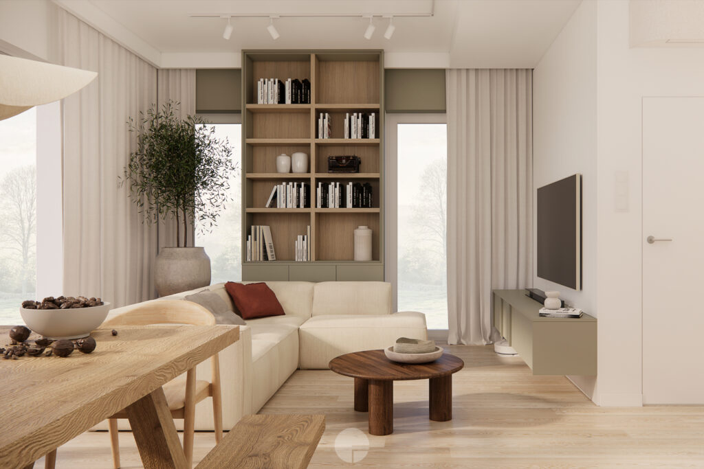 Salon z narożną sofą i szafką RTV w kolorze szałwiowym – dom modern farmhouse