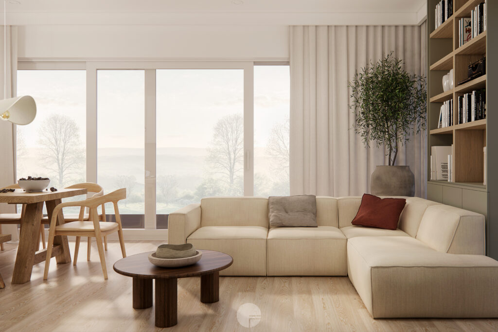 Salon z narożną sofą w kolorze lnu i stolikiem z ciemnego drewna – dom modern farmhouse