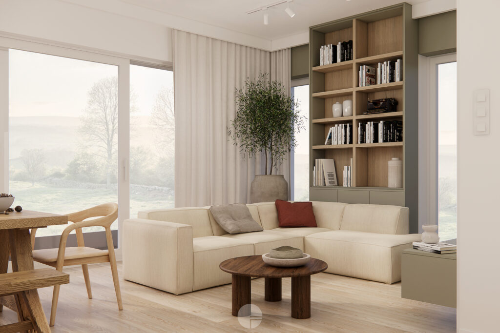 Salon z biblioteczką w szałwiowym odcieniu – dom modern farmhouse