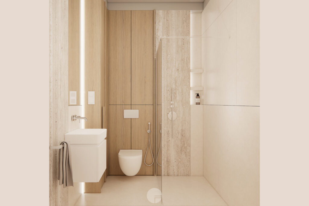 oaleta z prysznicem i pionowym lustrem – dom modern farmhouse