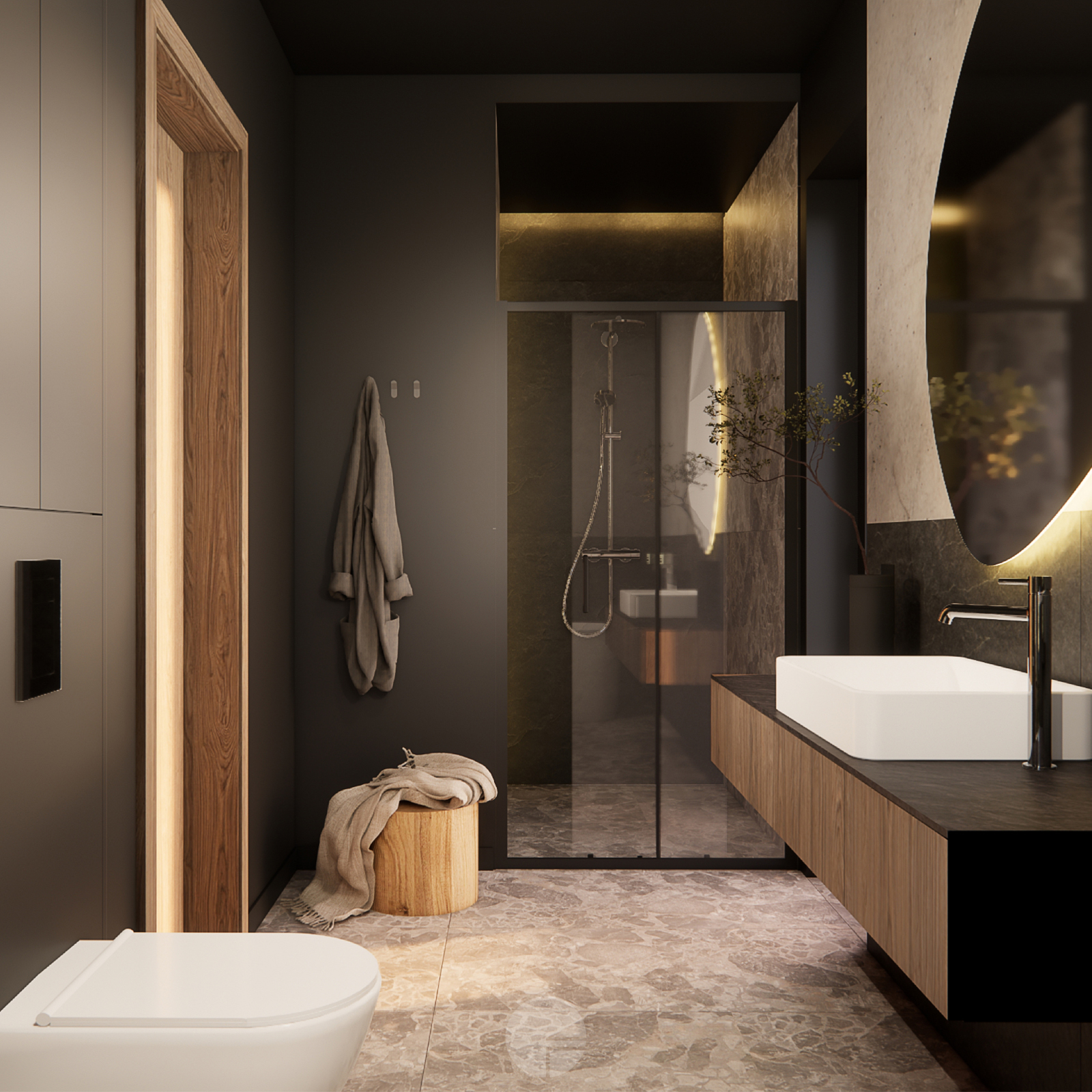 projekt japandi widok na drzwi w kolorze spalonej pomarańczy