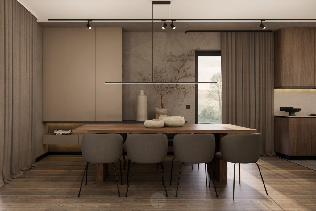 Jadalnia Dom Klasyczna Elegancja z podświetlaną zabudową i miękkimi tkaninami.