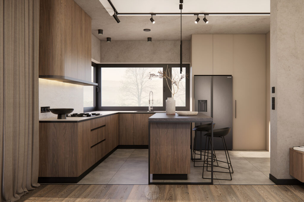 Kuchnia w projekcie Dom Klasyczna Elegancja z wyspą i drewnianą zabudową.