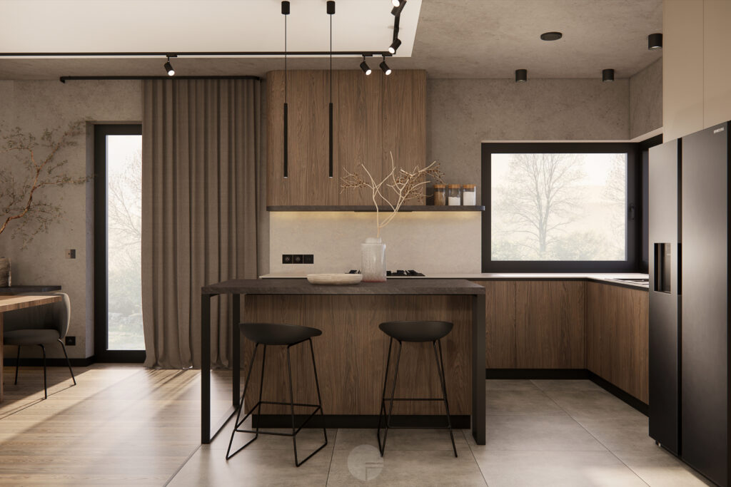 Nowoczesna kuchnia Dom Klasyczna Elegancja z grafitowymi akcentami i oświetleniem liniowym.