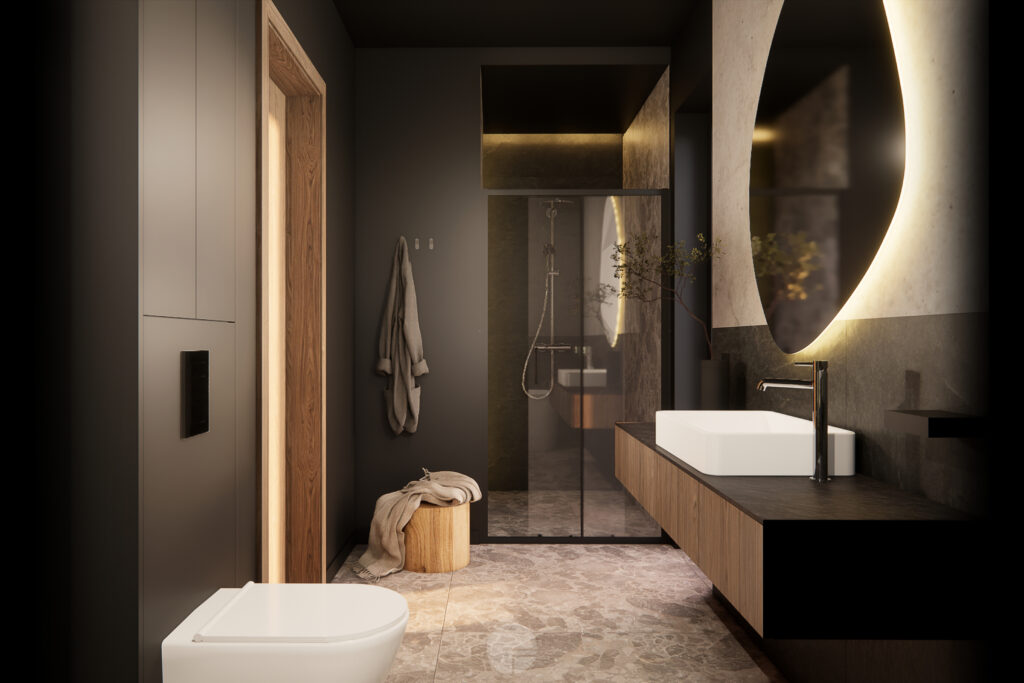 Strefa umywalkowa Dom Naturalna Elegancja z nieregularnym lustrem i podświetleniem.