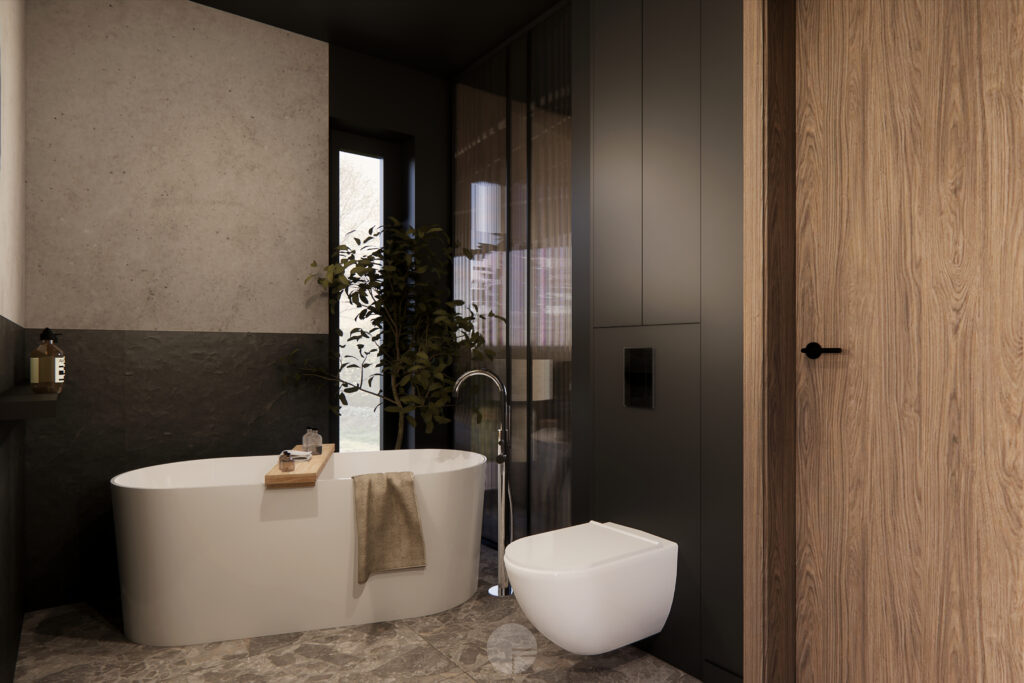 Łazienka w projekcie Dom Naturalna Elegancja z betonowymi powierzchniami i drewnianymi akcentami.