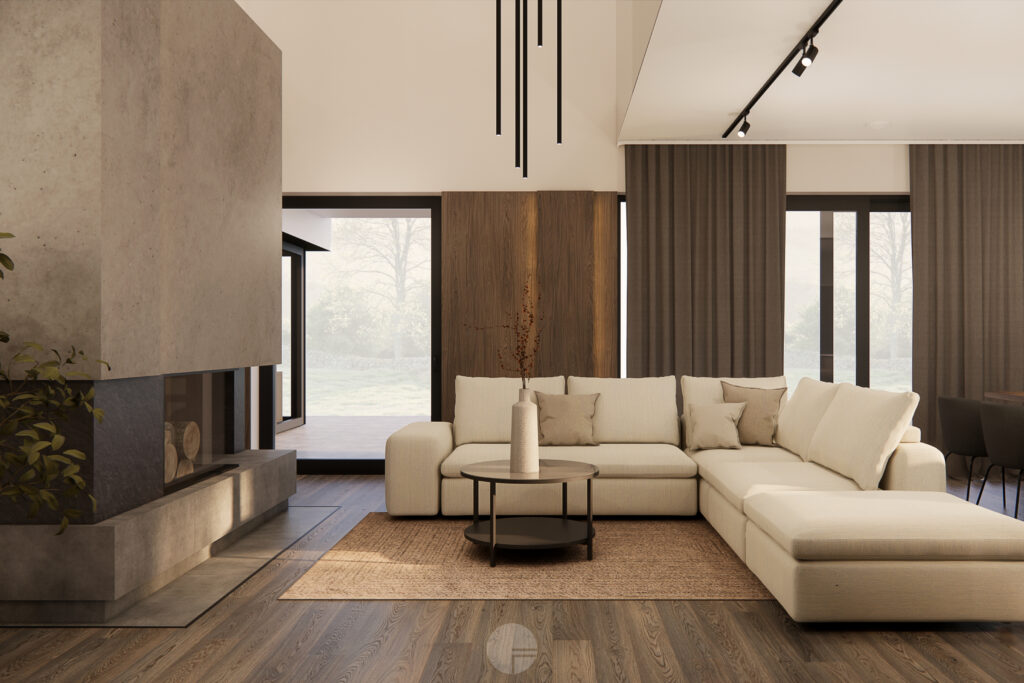 Salon Dom Klasyczna Elegancja z dużą sofą i betonowym kominkiem.