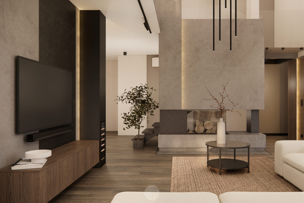 Strefa wypoczynkowa w projekcie Dom Klasyczna Elegancja z panoramicznym przeszkleniem.