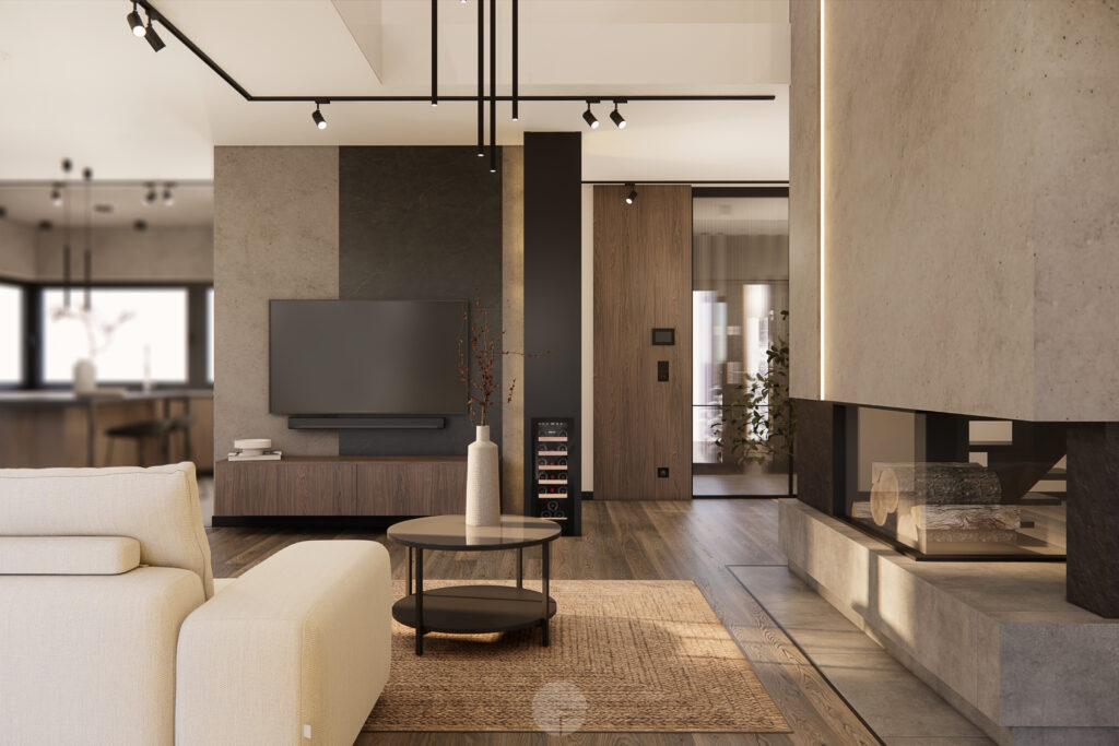 Salon Dom Klasyczna Elegancja z drewnianymi akcentami i wysokimi lampami.