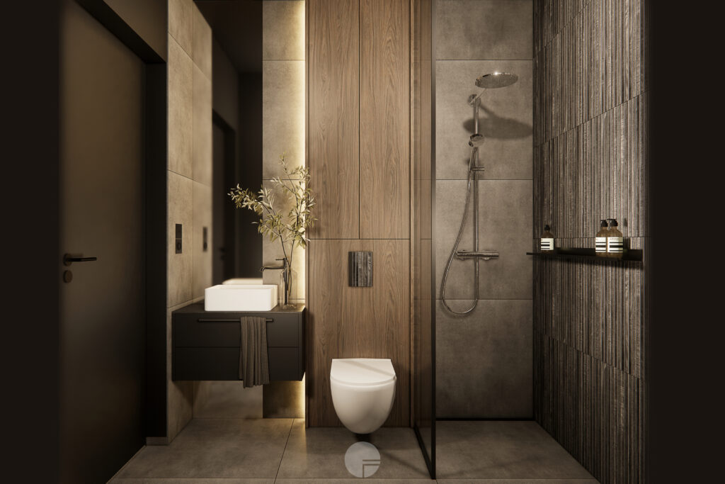 oaleta w projekcie Dom Klasyczna Elegancja z podświetlaną niszą i strukturalnymi płytkami.