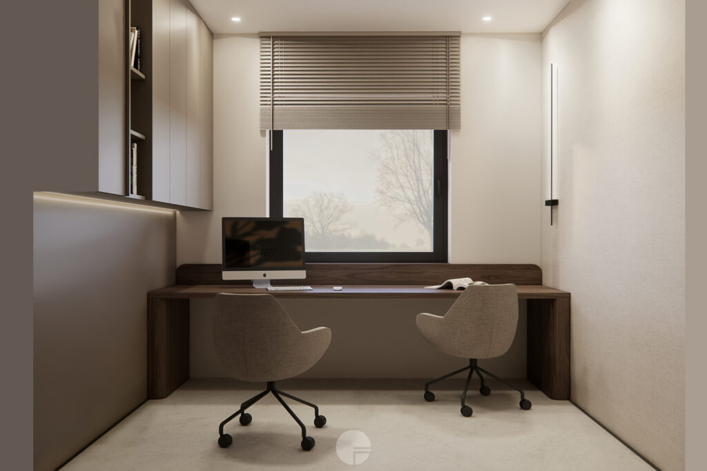 Gabinet w stylu Japandi z drewnianym biurkiem, zabudową meblową i miejscem do pracy dla dwóch osób