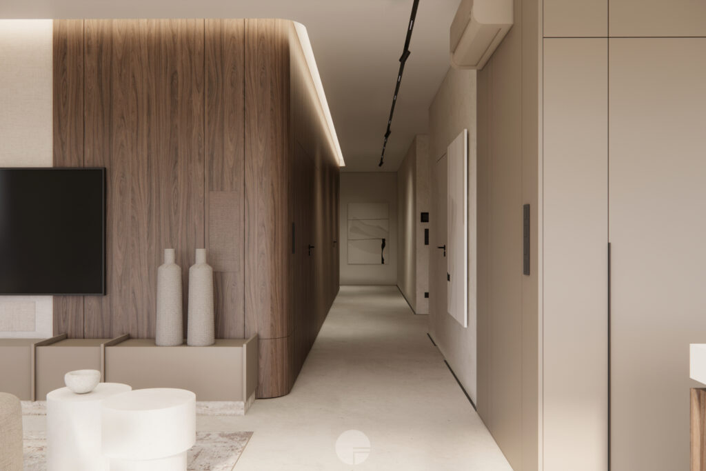 Minimalistyczny korytarz z drewnianą zabudową i mikrocementową podłogą w projekcie Elegancki Dom Japandi