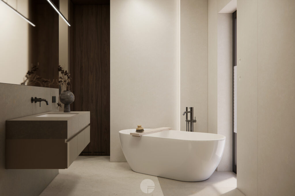 Łazienka z wolnostojącą wanną i naturalnymi materiałami w projekcie Elegancki Dom Japandi