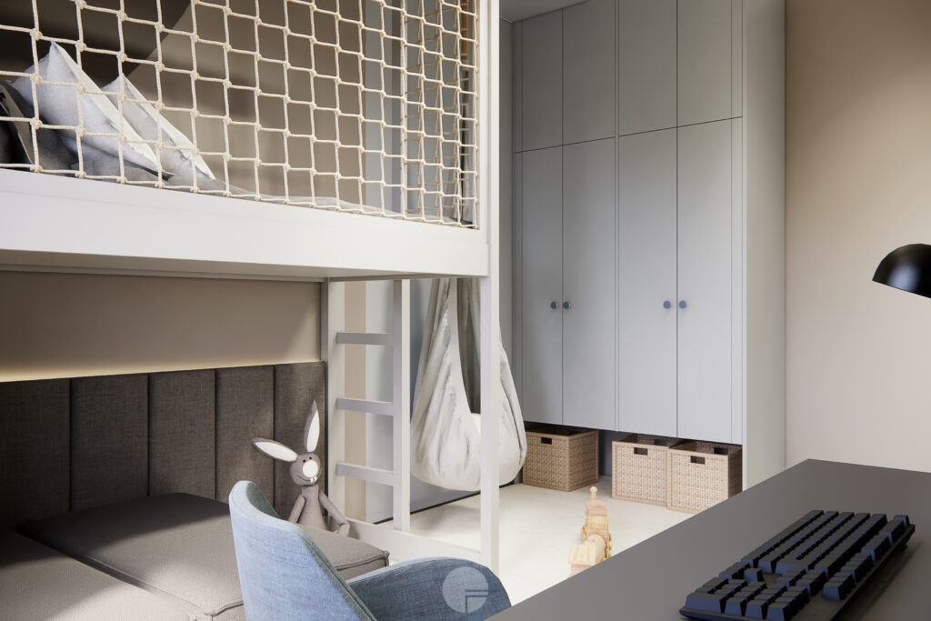 Pokój chłopca z piętrowym łóżkiem, strefą zabawy i jasną zabudową meblową w stylu Japandi