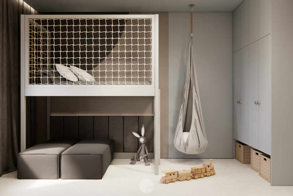 Pokój dziecięcy Japandi z łóżkiem piętrowym, huśtawką i funkcjonalną szafą