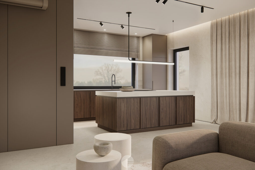 Minimalistyczny salon Japandi z drewnianą zabudową RTV, dekoracyjnymi wazonami i jasną strefą wypoczynkową