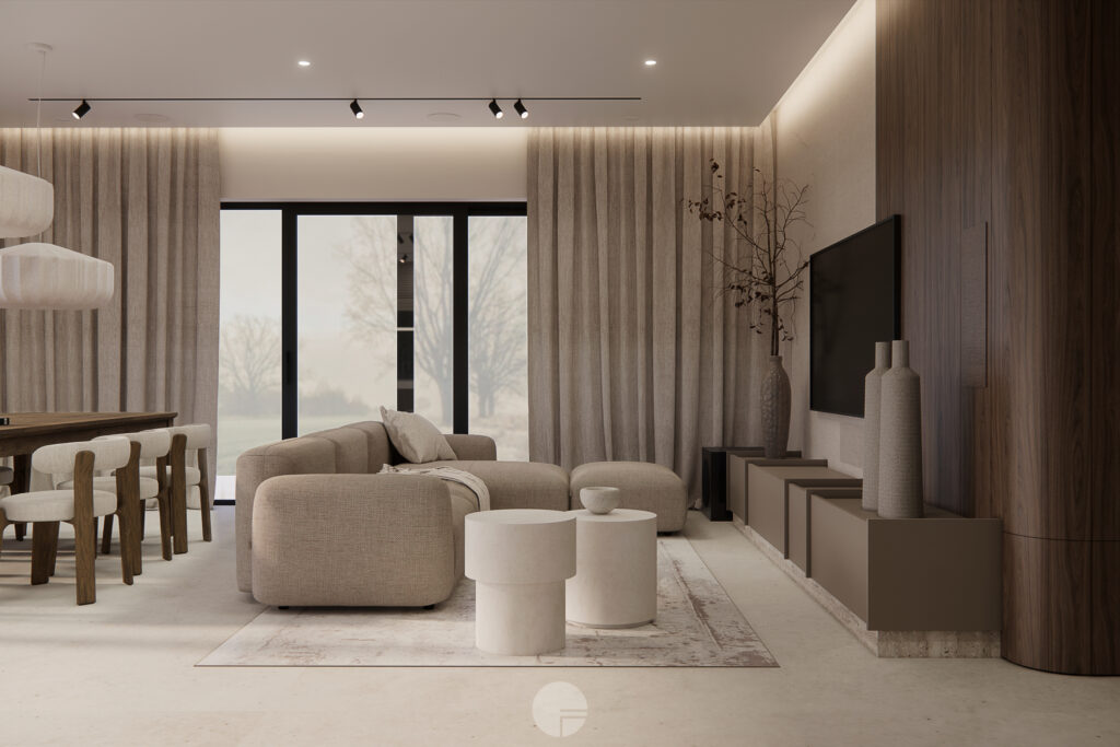 Strefa wypoczynkowa w projekcie Elegancki Dom Japandi z dużą sofą modułową, stolikami kawowymi i miękkim oświetleniem