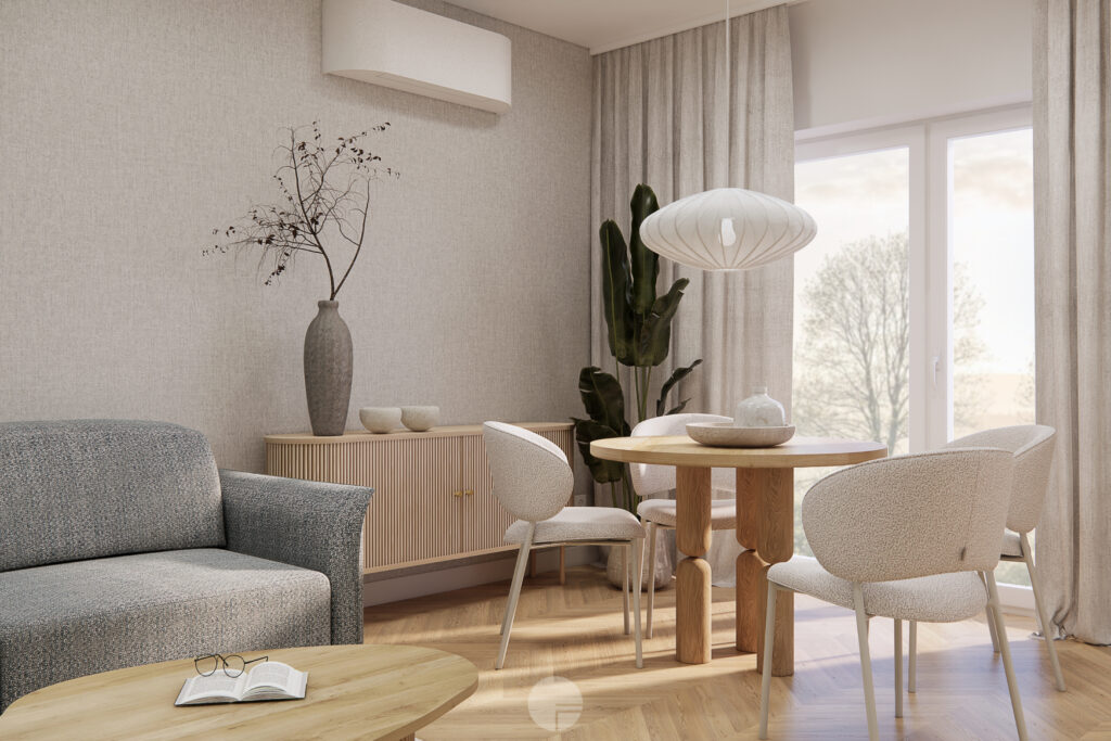 Jasny salon z tapetą o strukturze tkaniny i drewnianym stołem w Mieszkaniu w Kolorze Kaszmiru.