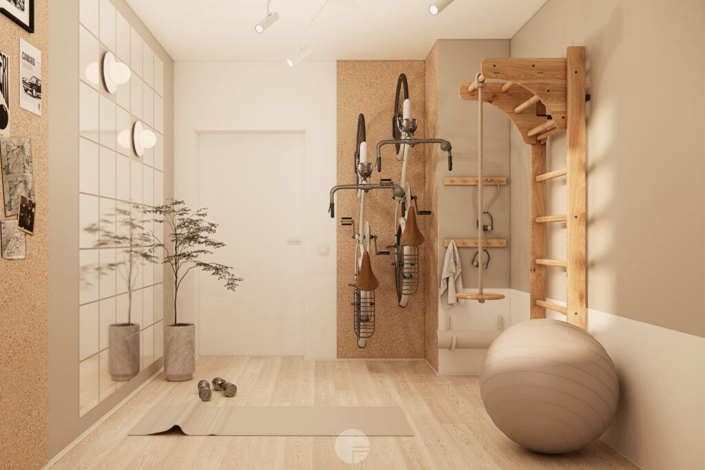 Pokój wellness w mieszkaniu japandi z drabinką, rowerami i rośliną w donicy