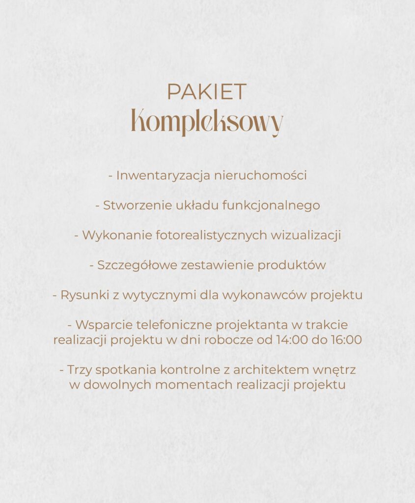 Grafika zawierająca szczegóły pakietu projektowego w firmie florkiewicz studio. Jest to pakiet kompleksowy.