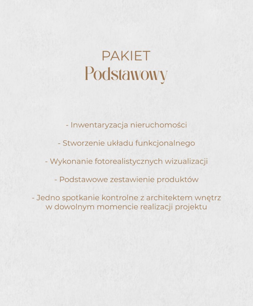 Grafika zawierająca szczegóły pakietu projektowego w firmie florkiewicz studio. Jest to pakiet podstawowy.